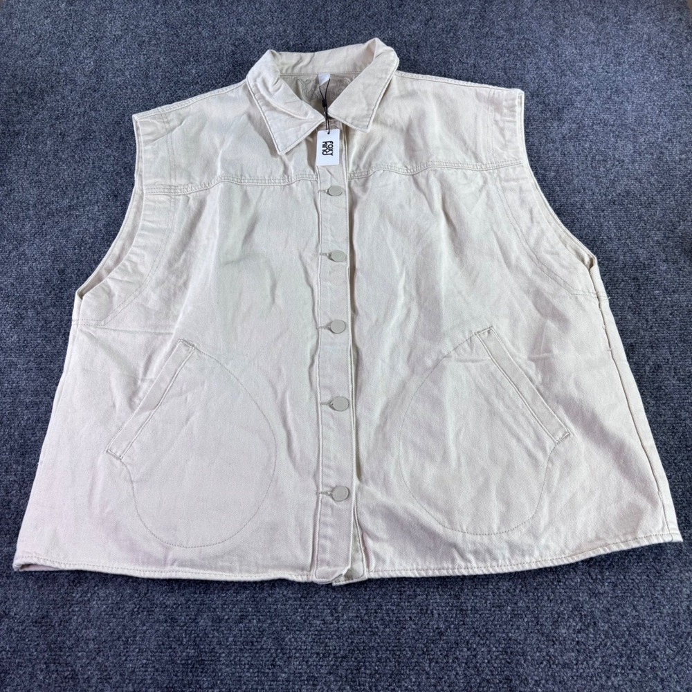 Foxy Kind Denim Vest Mens Large Cream Cotton Utility Button Front New With Tags